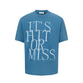 Men's blue loose fit t-shirt with large white American-style letter print on the chest.