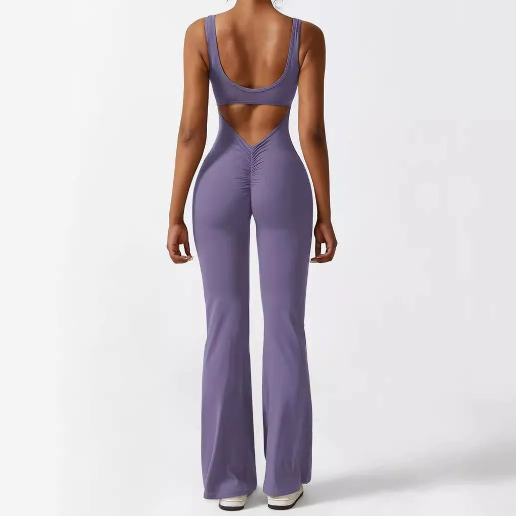 Women's sleeveless flare jumpsuit for yoga and fitness in high elasticity polyester fabric
