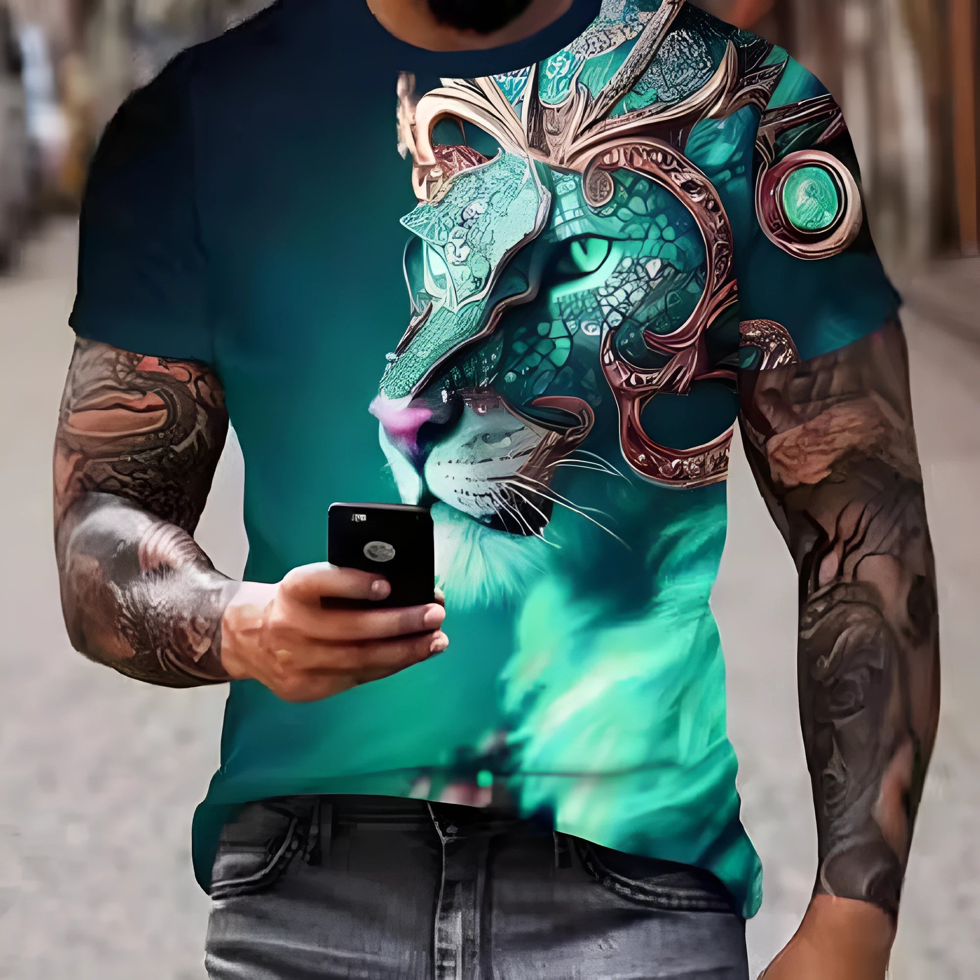 Men's black t-shirt with fierce 3D lion printing graphic design on front