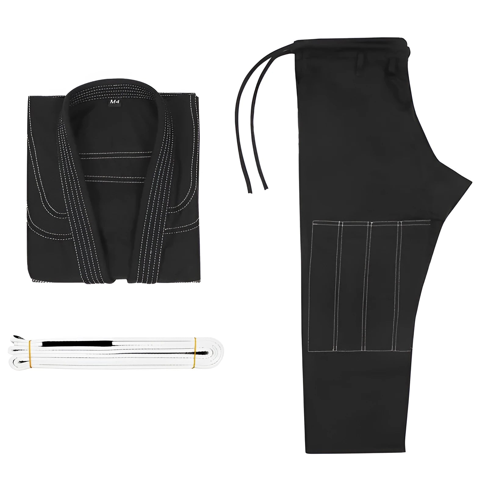 Cotton blend Brazilian Jiu-Jitsu uniform in black, set includes top and trousers for training.