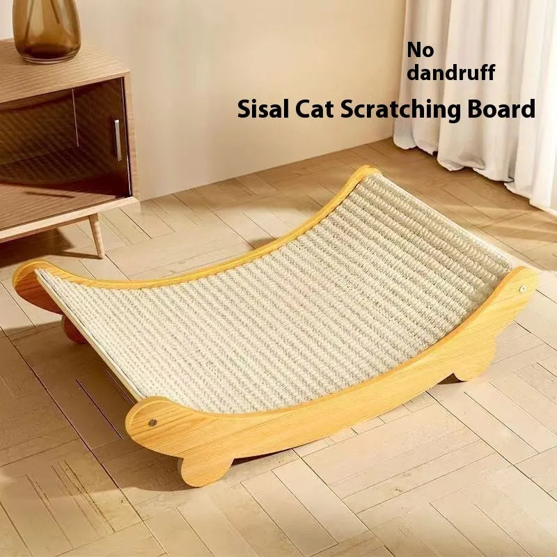 Beige sisal cat scratch board on a wooden floor.