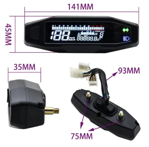 Black motorcycle mini LCD speedometer and oil gauge with digital display on a 103x25mm screen.