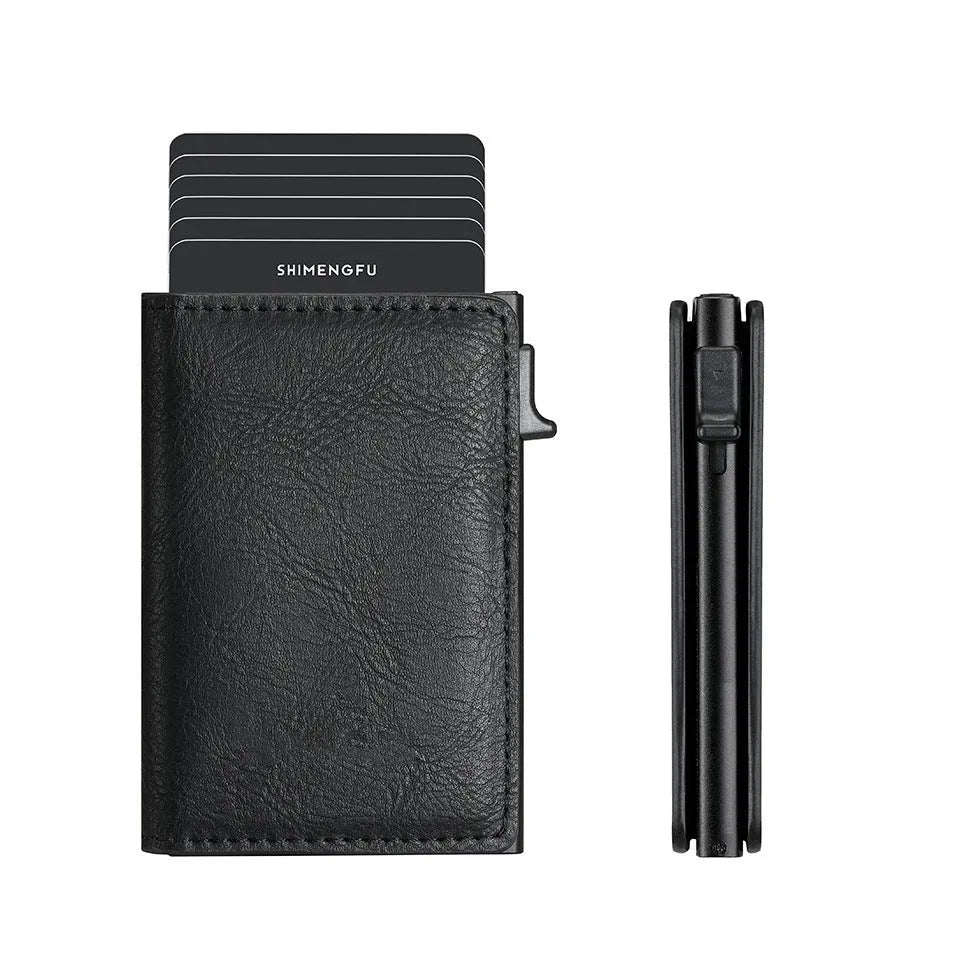 Pop-up aluminum alloy card wallet in retro style with anti-theft protection, available in multiple colours