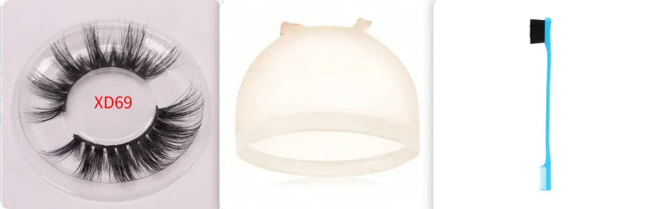 A pair of 5D mink false eyelashes with a double-headed brush and a black hair storage cap on a white background.
