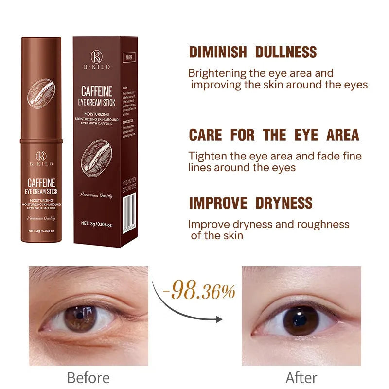 Caffeine eye cream stick in packaging, 3g net content for dark circles and fine lines