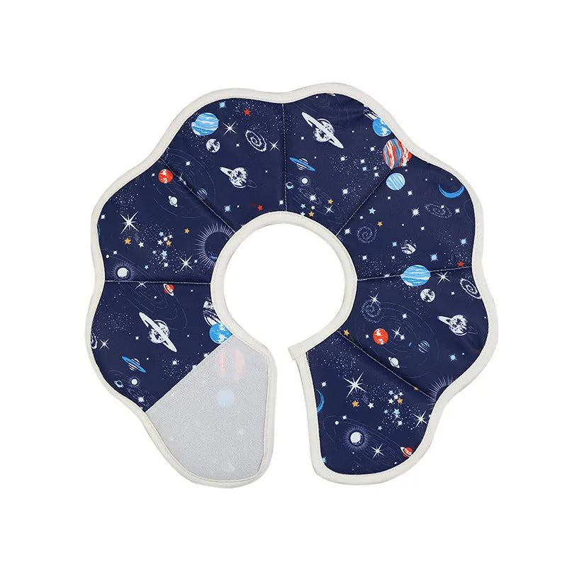 Soft cat recovery cone collar in Planet colour on a small cat, adjustable strap, breathable fabric design