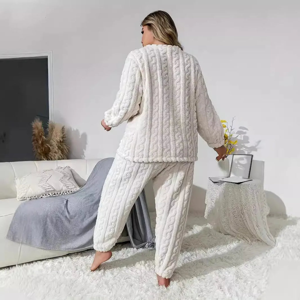 Women's creamy white polyester two-piece lounge suit with long sleeves and trousers