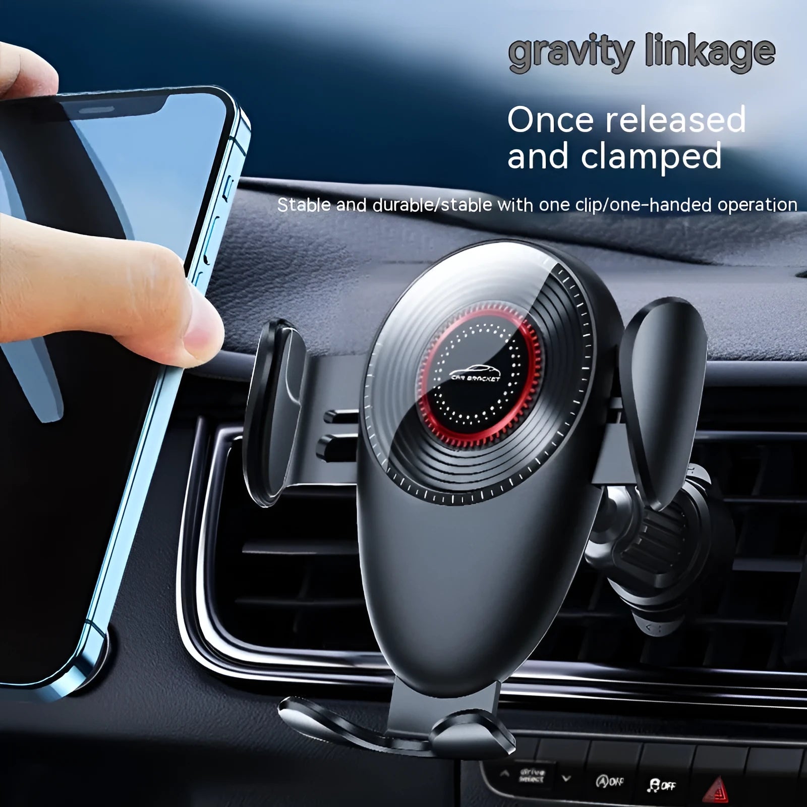 Universal car air vent phone bracket in black, mounted on a car interior air outlet