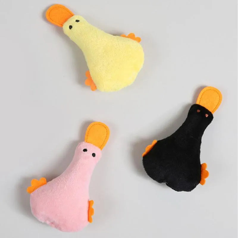 Duck-shaped plush pet toy with squeaker and catnip filling in blue colour