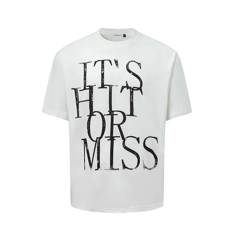 Men's blue loose fit t-shirt with large white American-style letter print on the chest.