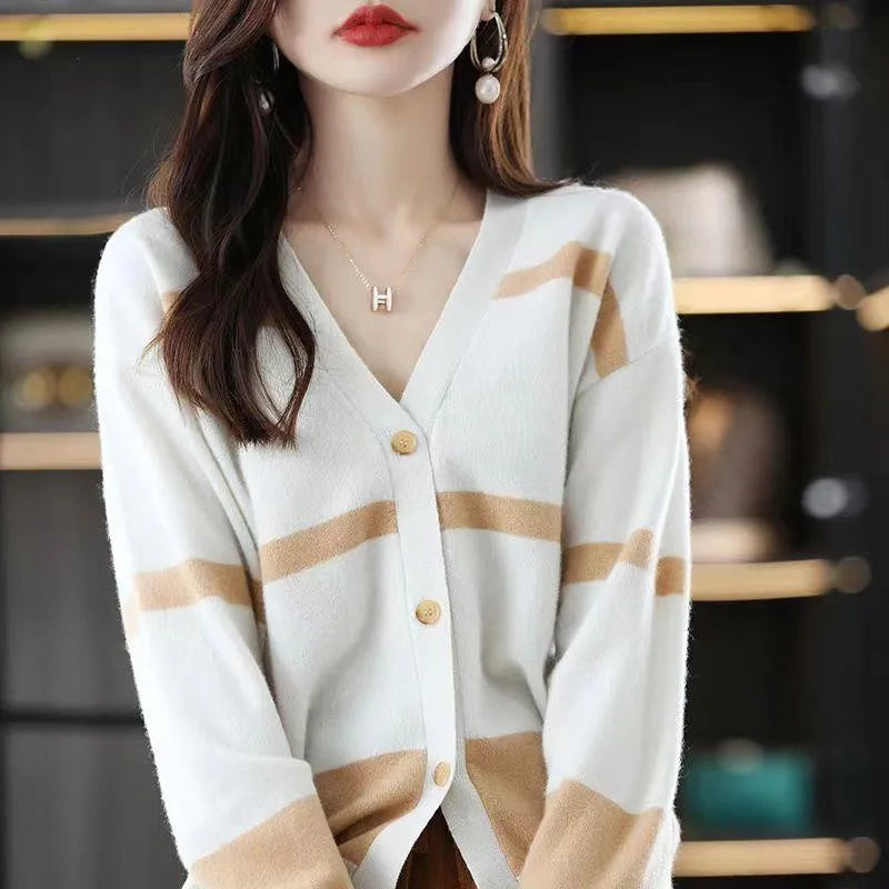 Women's slim fit striped knitted cardigan with V-neck and 3D pattern, shown in multiple colours.
