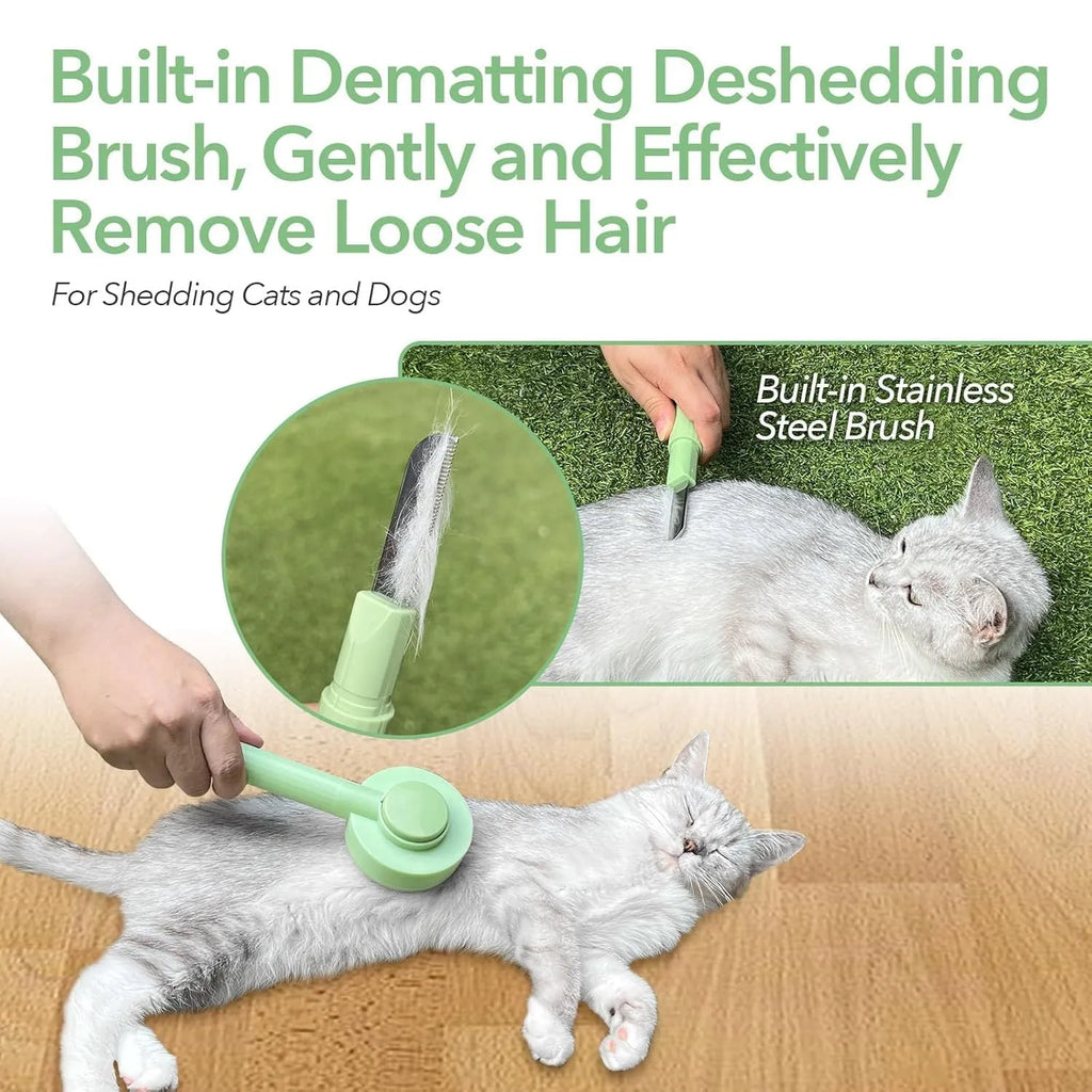 Green and yellow 2-in-1 pet grooming brush with stainless steel teeth and a hanging loop