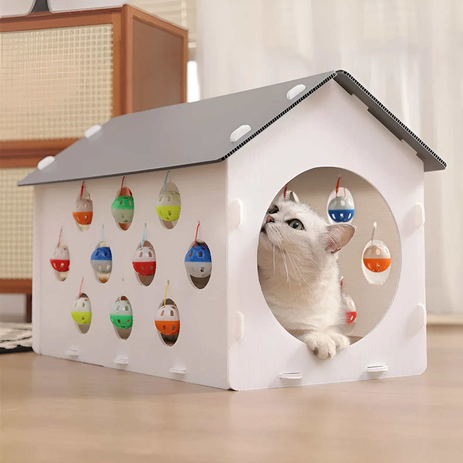 Integrated plastic cat scratch board with sleeping nest, tunnel, and included bell ball toy