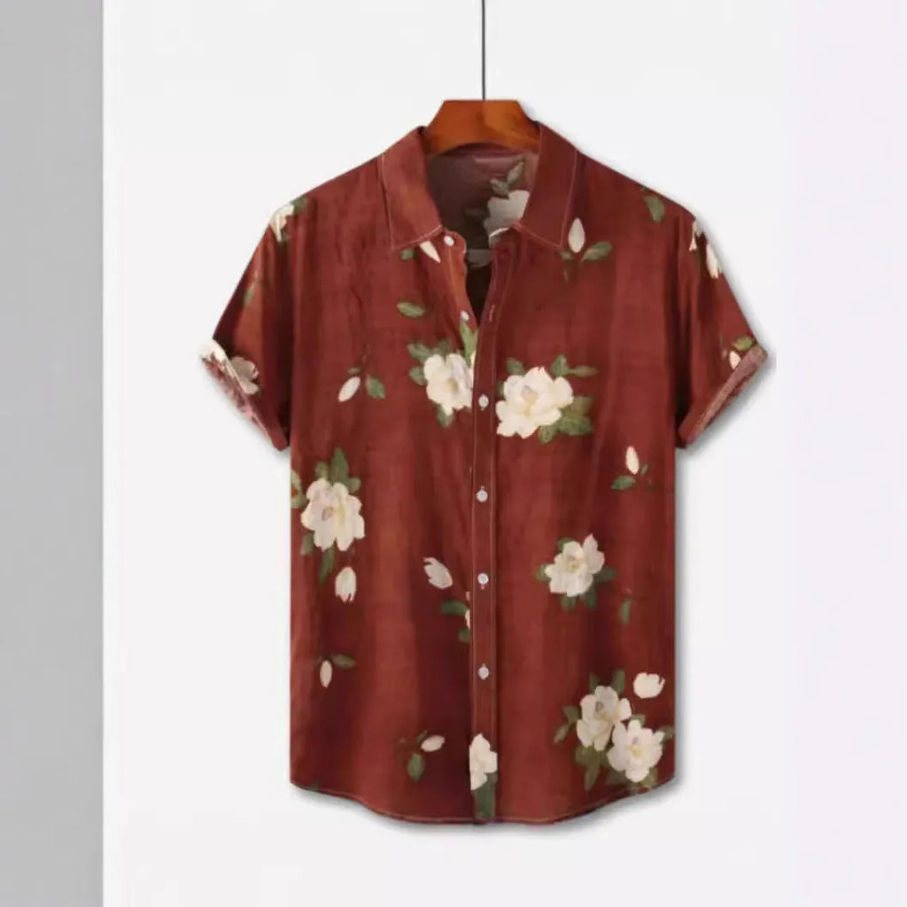 Hawaiian floral print lapel short sleeve shirt in polyester elastic fabric showing digital printed patterns