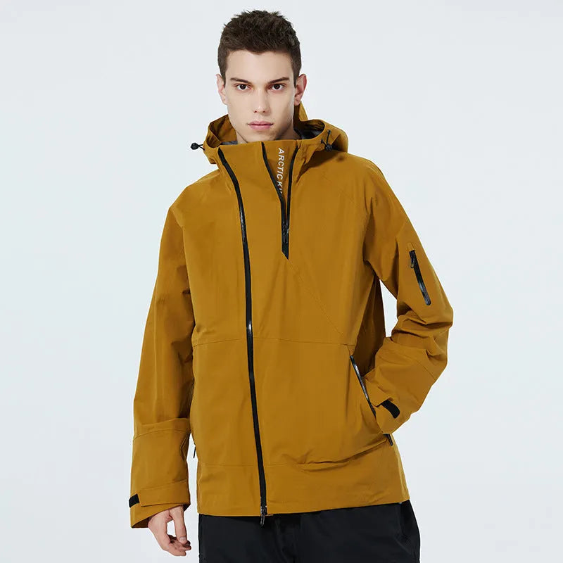 Yellow and black unisex ski suit with windproof waterproof double plate construction for snow sports