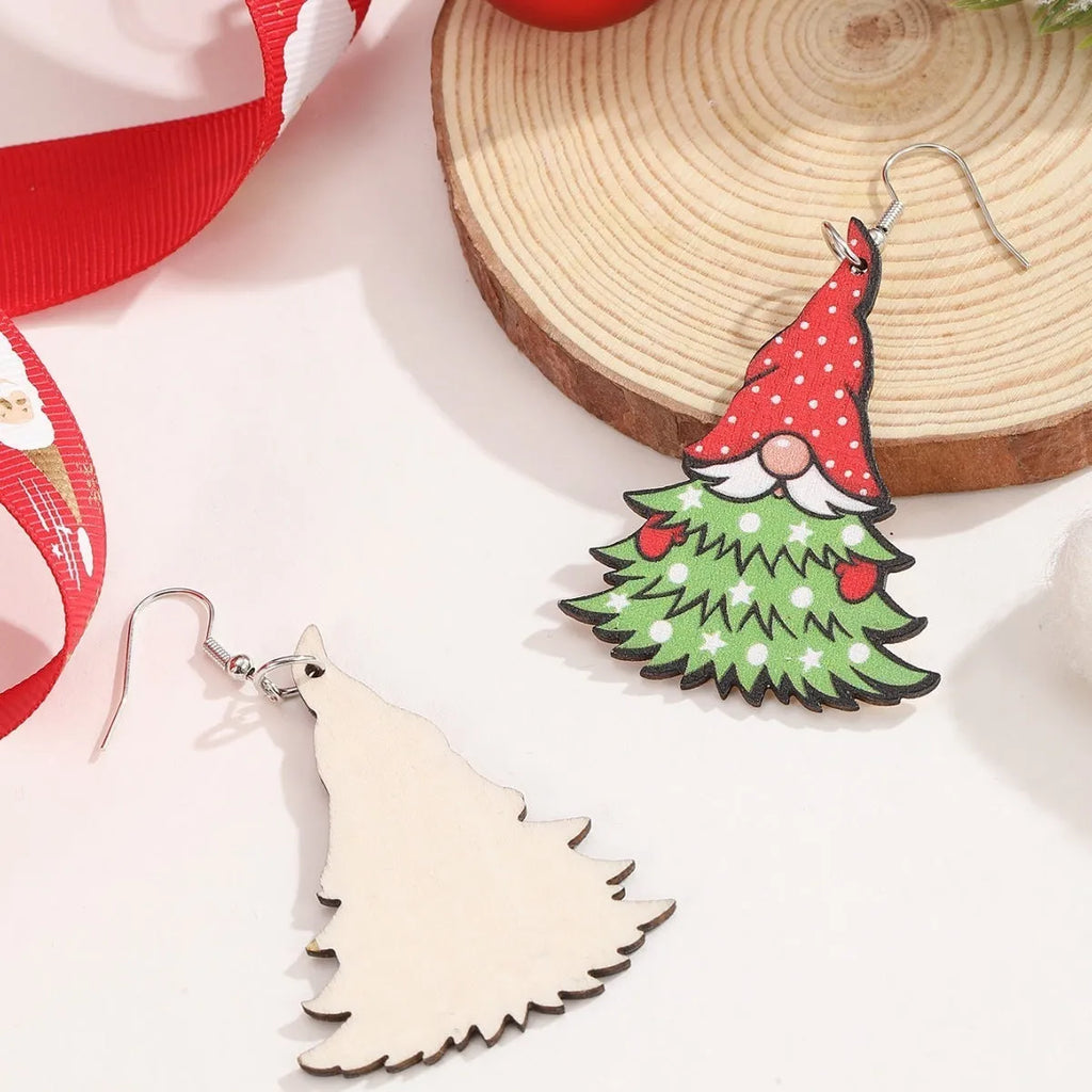 Women's wooden Christmas earrings with geometric shapes and Santa Claus elements in Christmas tree design