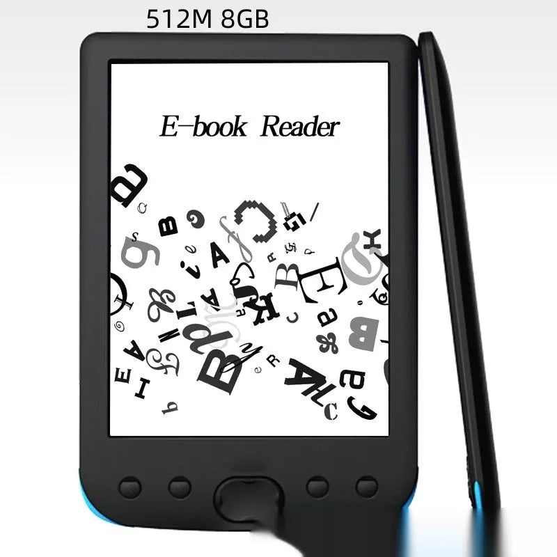 Black 6-inch E-ink e-book reader showing the front screen and body