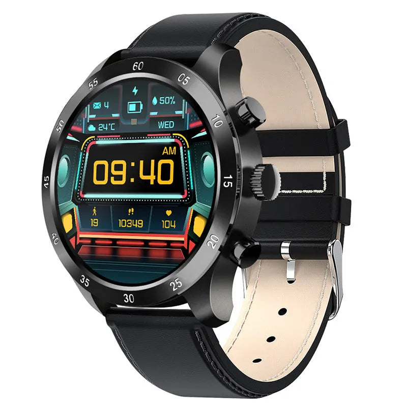 Black steel Bluetooth smart watch on wrist showing call interface
