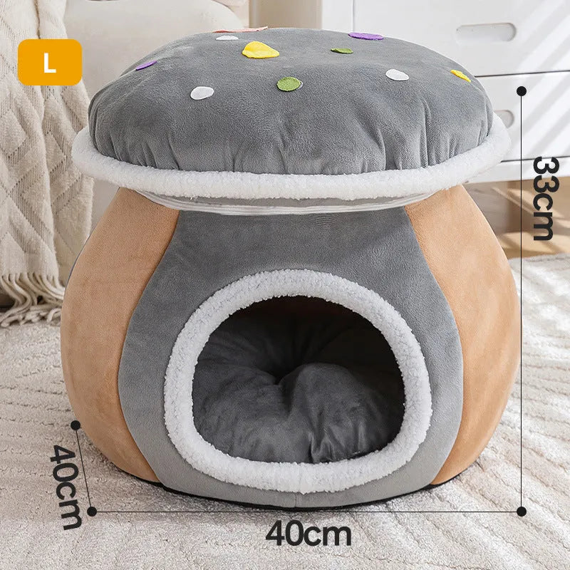 Grey mushroom-shaped plush cat bed with raised sides, showing a cosy nest for a cat.