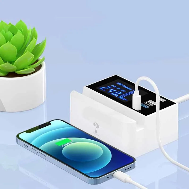White USB multi-port tablet and smart phone charger with EU UK US plug adapters and 150cm power cord