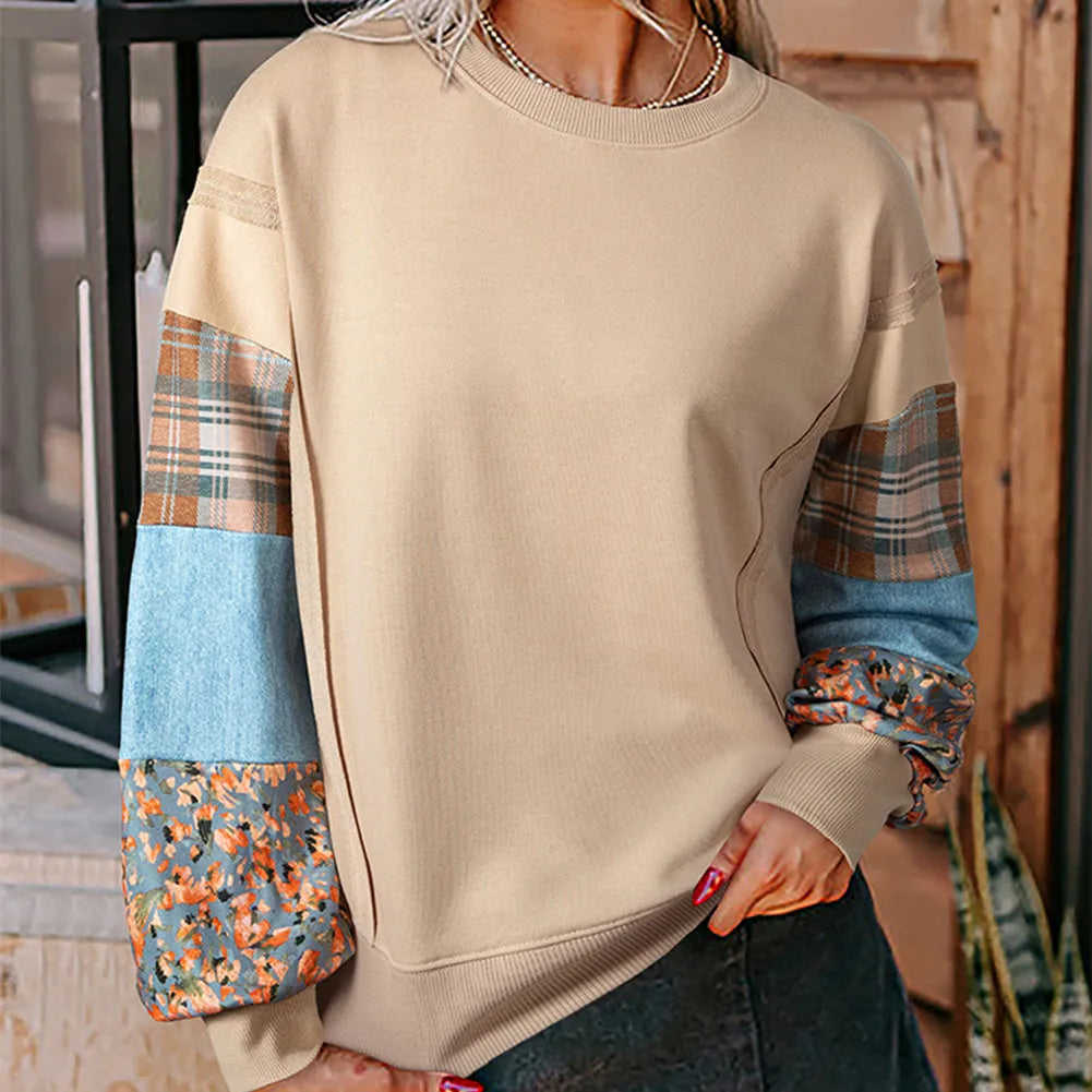 Women's loose-fit plaid stitching long-sleeved polyester top in apricot colour