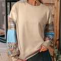 Women's loose-fit plaid stitching long-sleeved polyester top in apricot colour
