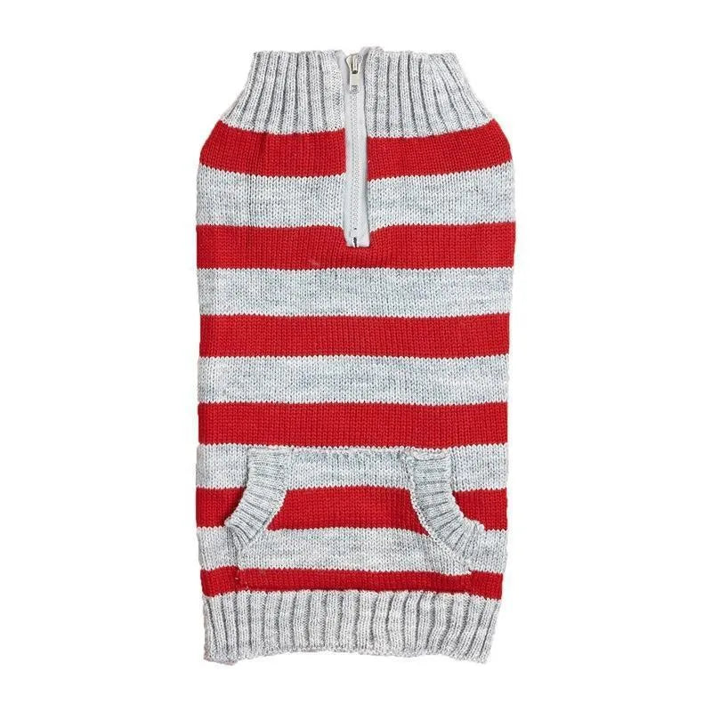 Grey acrylic dog jumper with horizontal zipper and button pocket on small dog