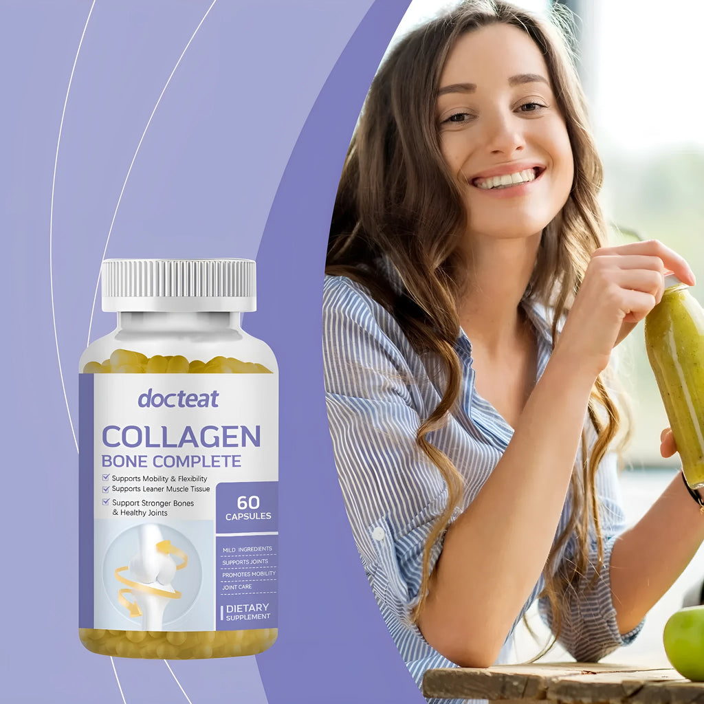 Bottle of collagen capsules with multivitamin vitamin C D3 K2 calcium 60 capsules