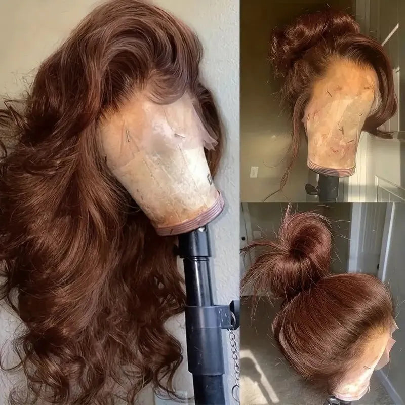 Dark brown long curly front lace wig with side fringe on display stand