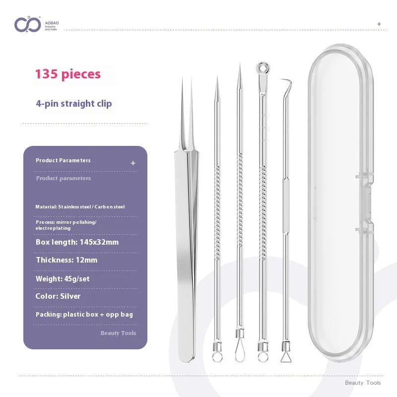 Four silver metal acne needles with ultra-fine points for blackhead removal.