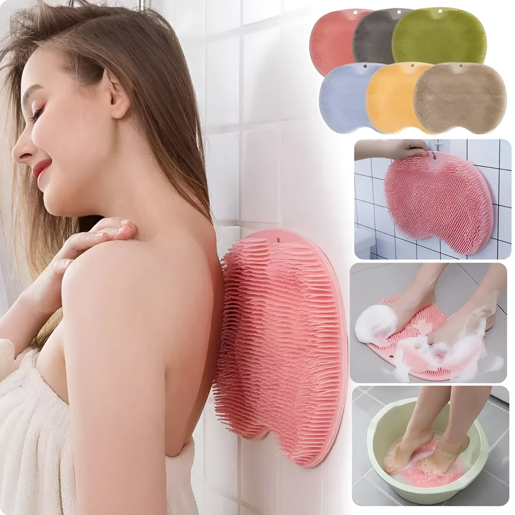 Non-slip bath mat with silicone bristles and suction cup base in a shower