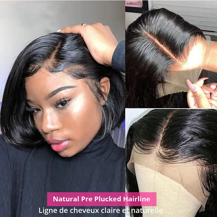13x4 lace frontal bob straight wig black high temperature silk 200% density 11A 8-16 inch adjustable size