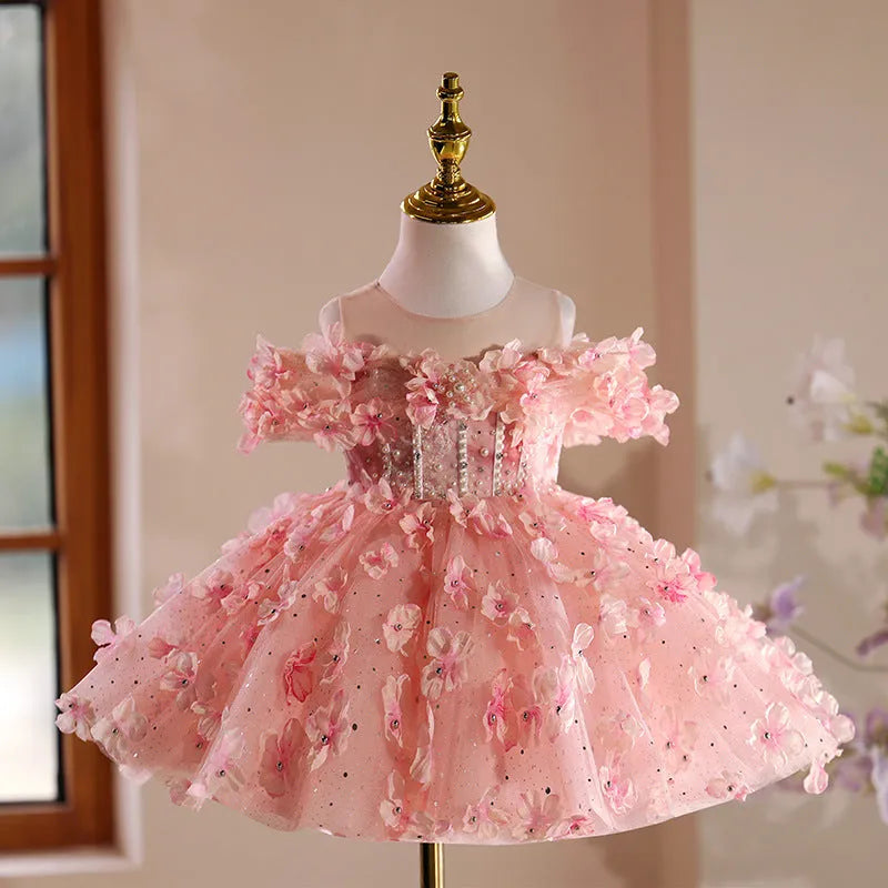 Pink girls' princess pettiskirt in polyester fibre with full layered skirt for 80-150cm height