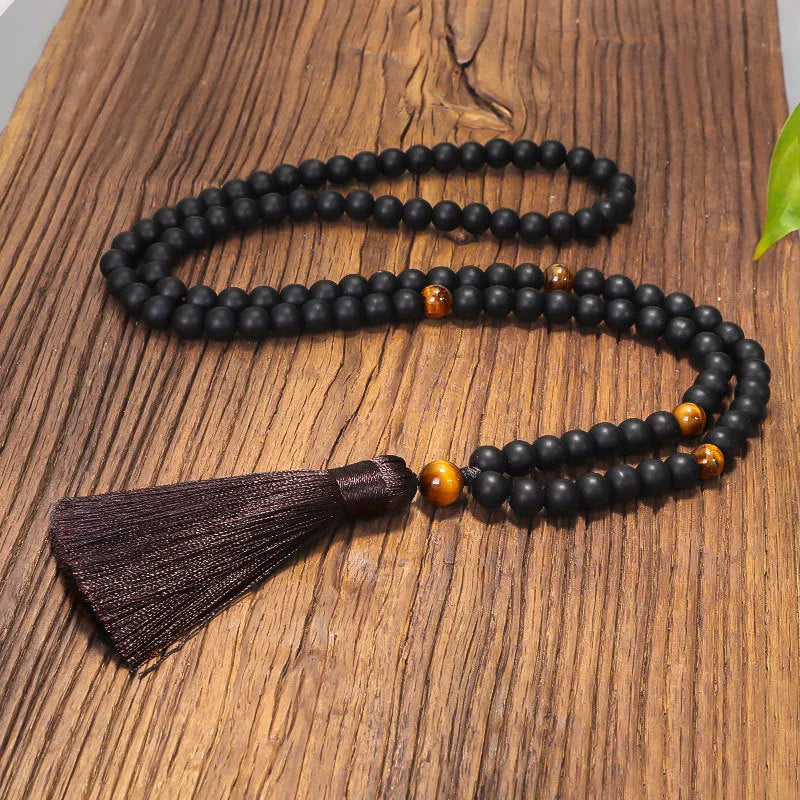 Tiger eye beaded bracelet and necklace set with 108 stones, drop-shaped tassel pendant, and 81cm circumference