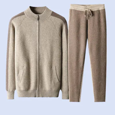 Men's navy blue cashmere blend knitted cardigan suit with half-turtleneck zipper top and trousers