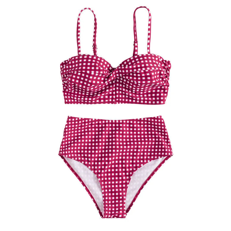 Women's high-waisted plaid bikini swimsuit with split sides in rose red, black, blue, and sky blue colours