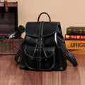 Genuine cowhide leather backpack with pull-belt pocket in black, 28x30x12cm, street style