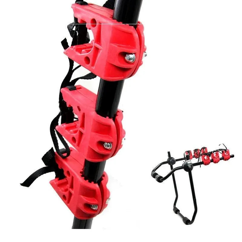 Black and red iron frame car bike rack for trunk mounting, showing tie rope and pull belt fastening styles.