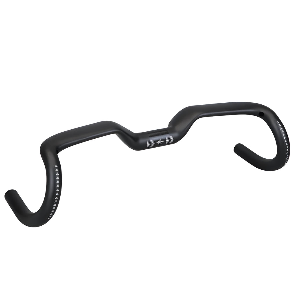 Black carbon fibre bent handlebar with large angle outer swing, 31.8mm clamp, 125mm drop, 80mm extension