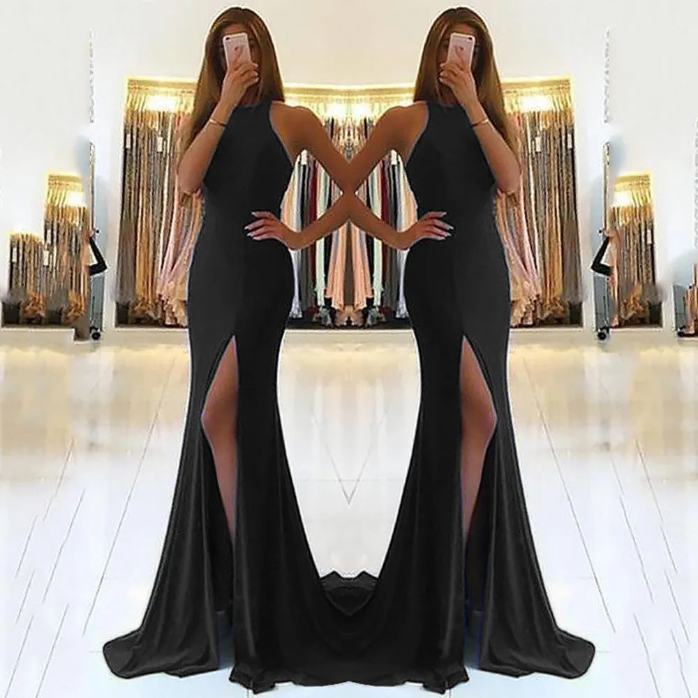 Women's red knitted evening dress with long swing skirt, high waist, and hollow detailing
