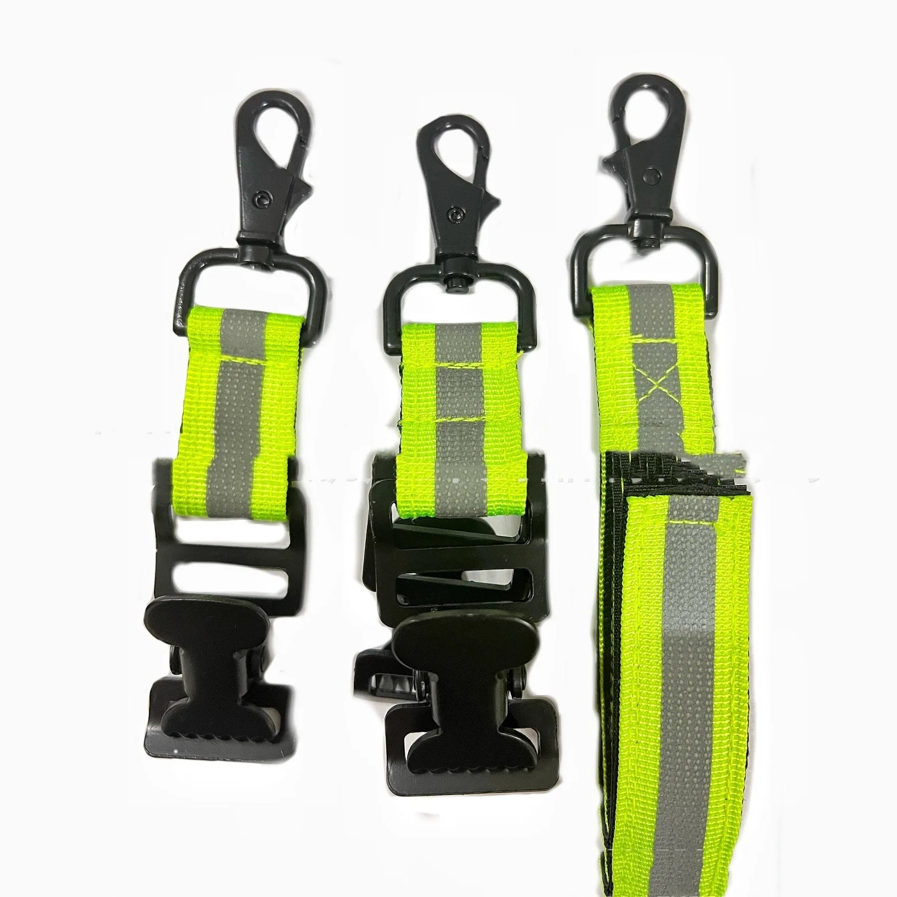 Fluorescent green metal safety clip with reflective nylon lining for securing fireman gloves.