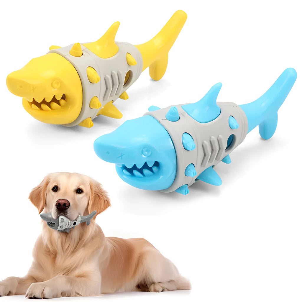 Dog teething leaky toy in blue with shark-tooth texture and vent holes