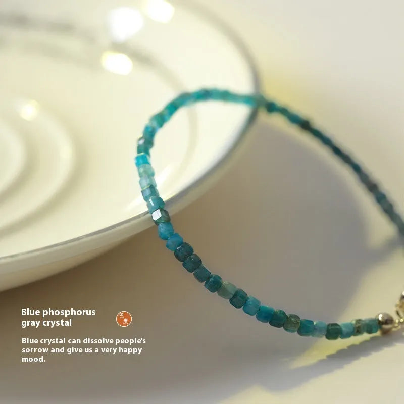 Women's natural blue apatite crystal bracelet with diamond-shaped stones, blue and gray, adjustable fit 14-18 cm.
