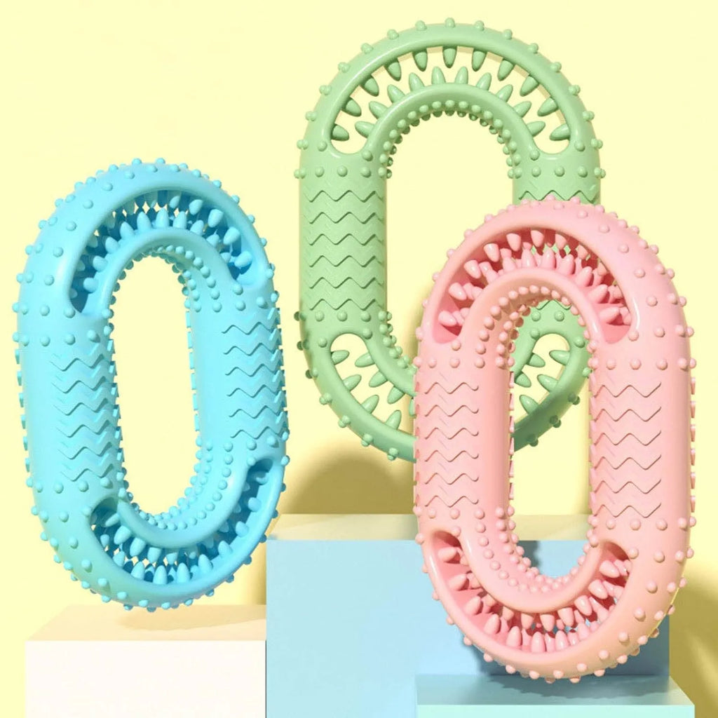 Blue O-ring shaped dog chew toy for aggressive chewers on white background