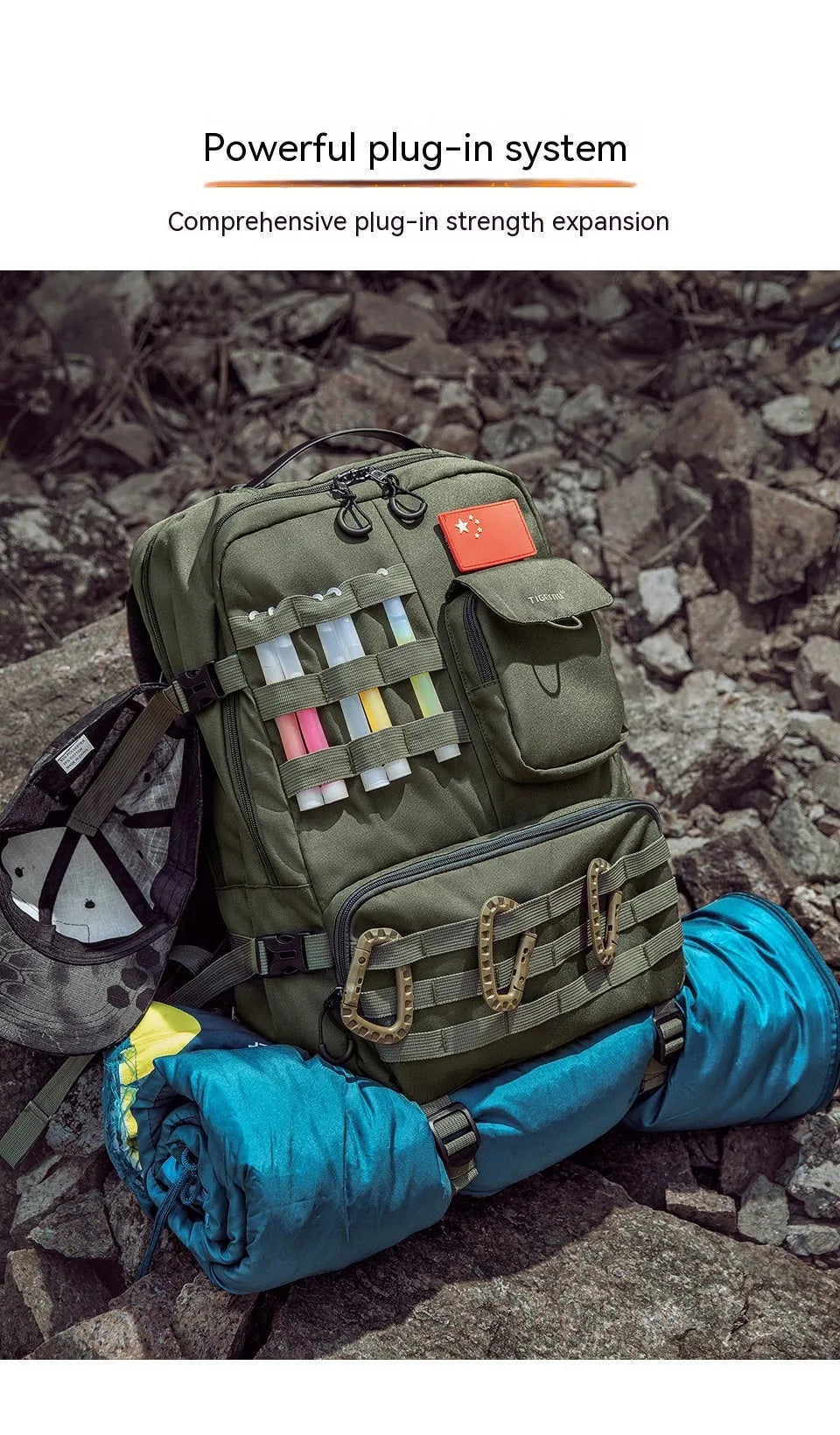 Army Green tactical waterproof backpack showing 17-inch laptop sleeve and wear-resistant nylon construction.