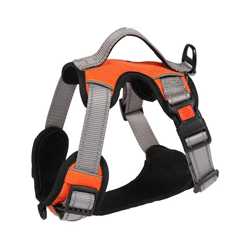Adjustable polyester dog harness with chest strap and optional hand holding rope in multiple colour options