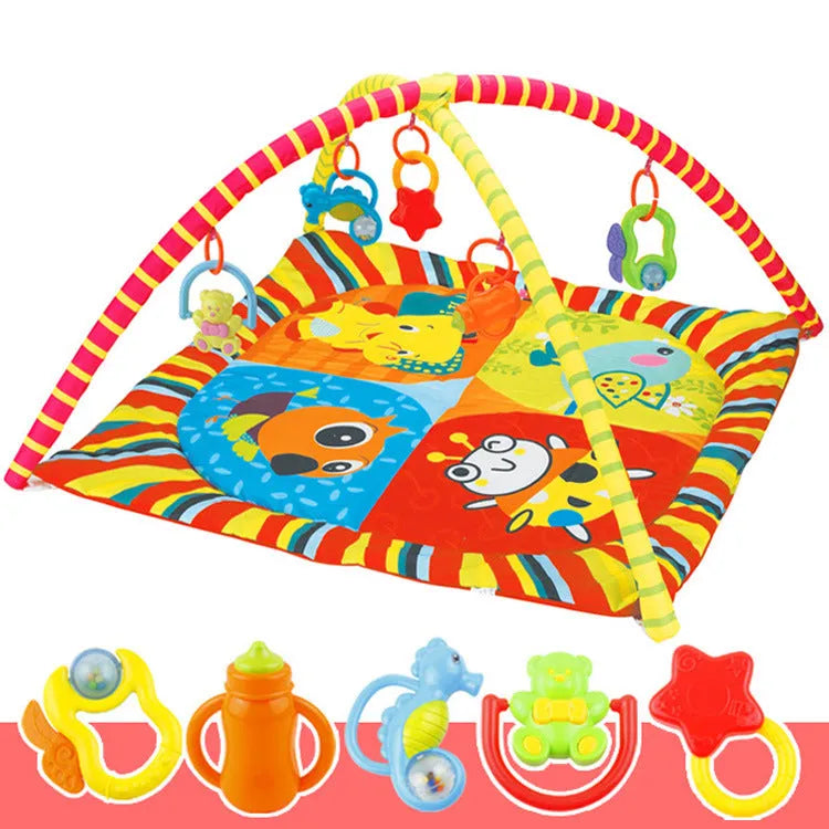 Velvet baby gymnastic blanket with animal pattern used as a crawling carpet and interactive toy.