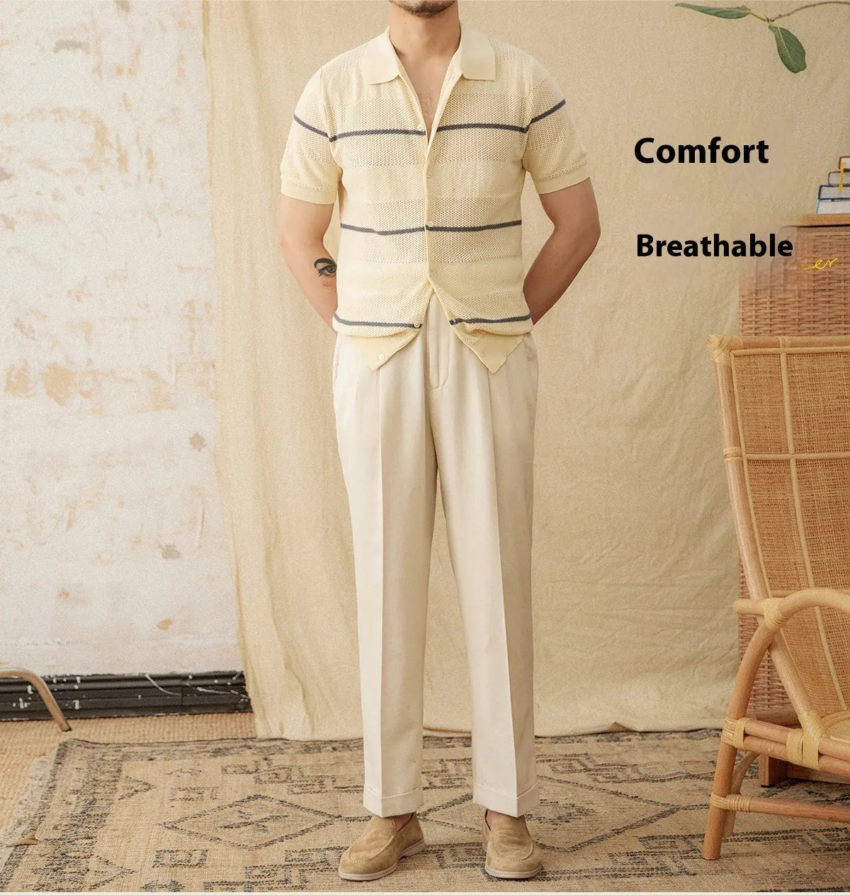 Lapel casual fashion cotton linen short sleeve knitted cardigan in camel and gray sizes M to 3XL