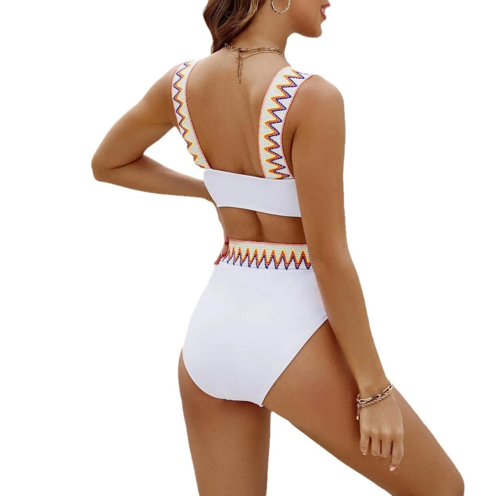 Women's lace-up split swimsuit bikini in black with striped high waist backless design
