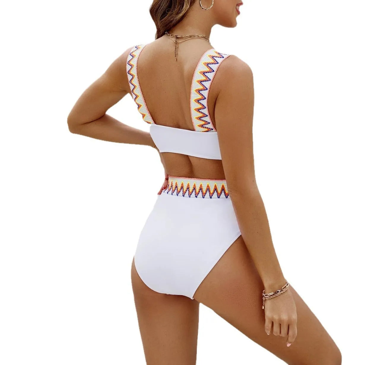 Women's lace-up split swimsuit bikini in black with striped high waist backless design